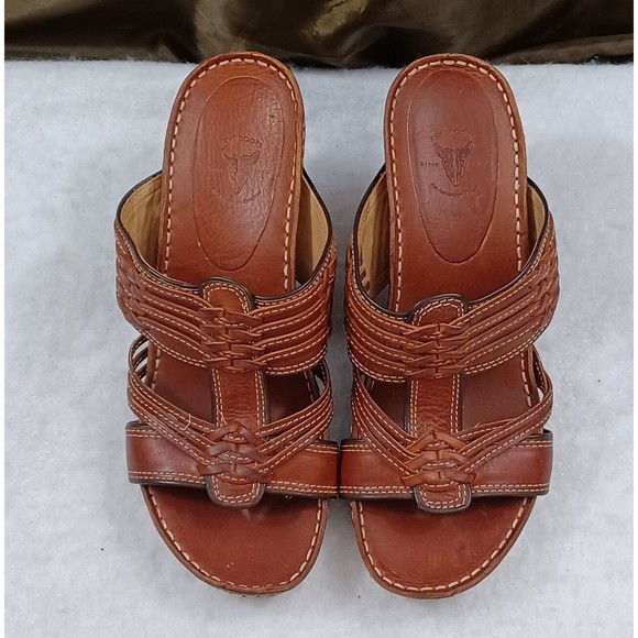 Frye Audrey Brown Sugar Leather Strappy Stacked Heel Slides Sandal Women US 7.5 - Picture 1 of 9